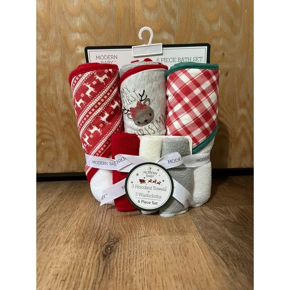 NWT Modern Baby 6 Piece Bath Set With 3 Hooded Towels & 3 Washcloths